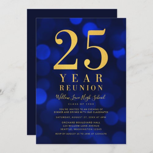 Blue Bokeh Lights 25 Year Class Reunion Invitation