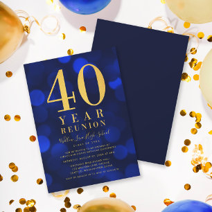 Blue Bokeh Lights 40 Year Class Reunion Invitation