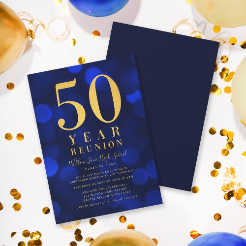 Blue Bokeh Lights 50 Year Class Reunion Invitation