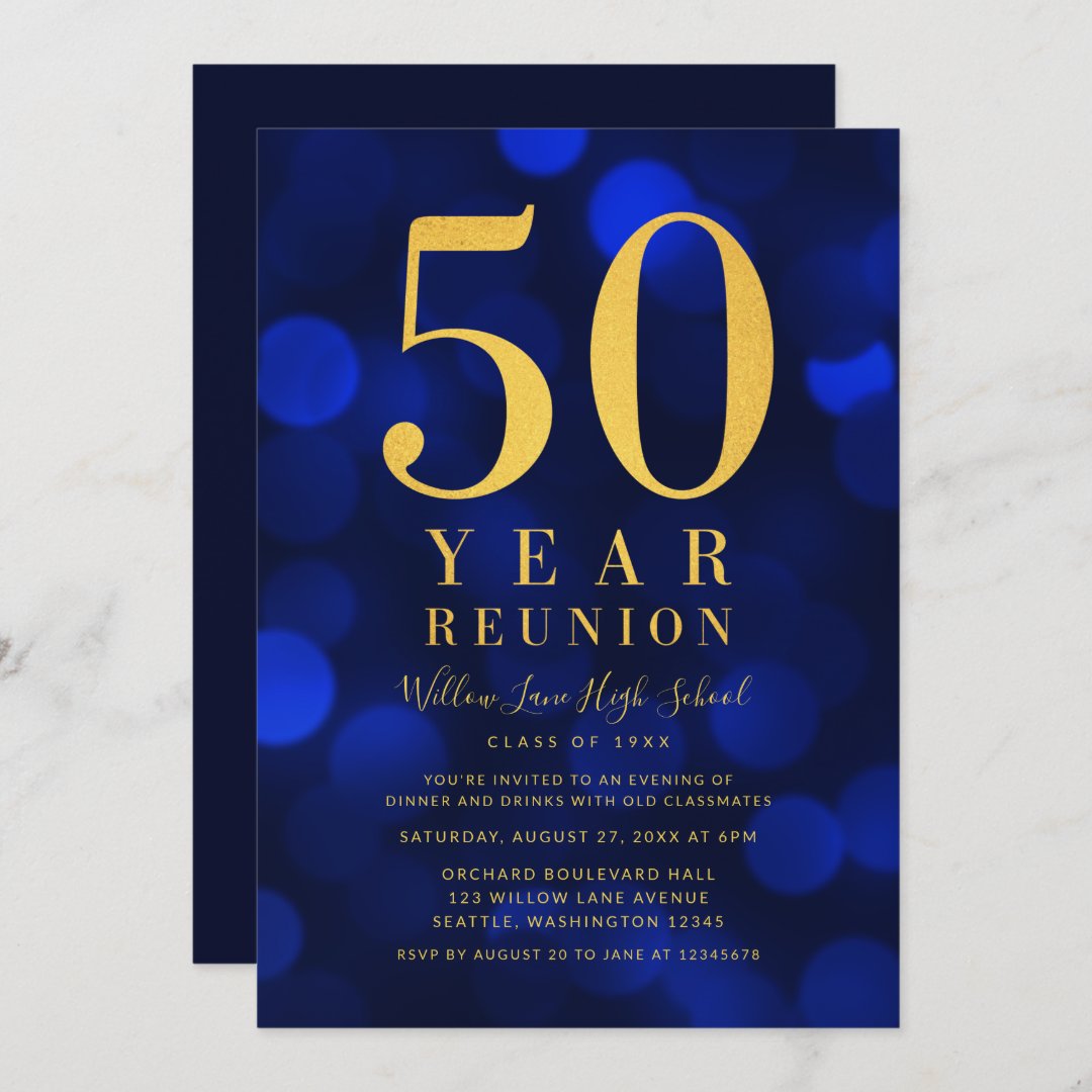 Blue Bokeh Lights 50 Year Class Reunion Invitation | Zazzle