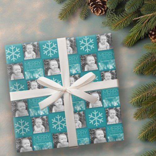 Blue Bokeh Modern Merry Christmas Photo Wrapping Paper