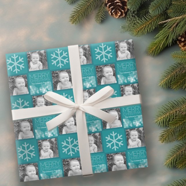 Blue Bokeh Modern Merry Christmas Photo Wrapping Paper (Personalized Wrapping paper - 2 Photos)