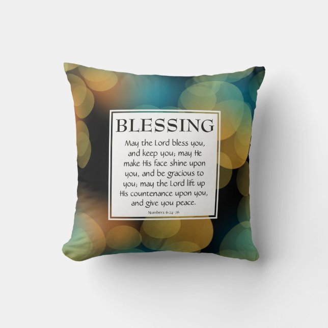 BLUE BOKEH Numbers 6:24-26 CHRISTIAN BLESSING Throw Pillow (Front)
