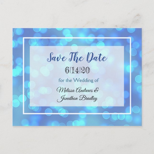 Blue Bokeh Save the Date Postcard (Front)
