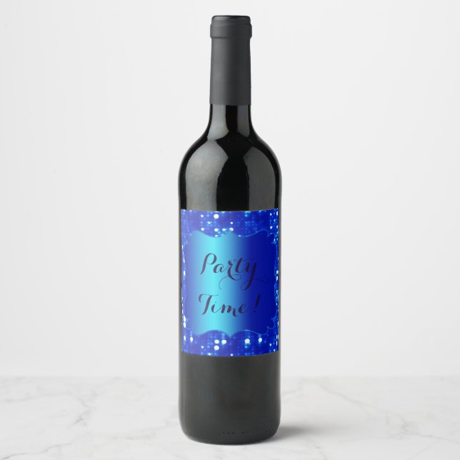 Blue Bokeh Sparkles Wine Bottle Label (Front)