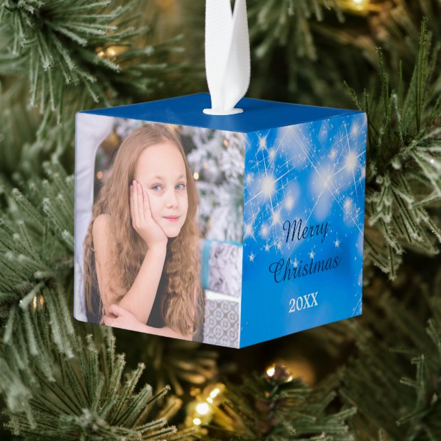 Blue Bokeh Stars Sleigh Cube Ornament (Tree)