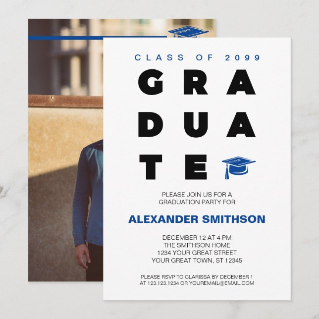 Blue Bold GRADUATE Letters and Cap Graduation Invitation (Front/Back)