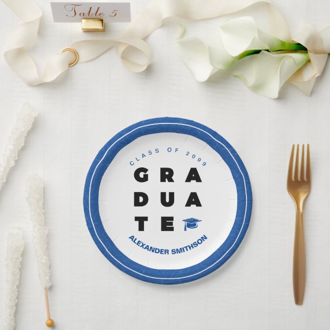 Blue Bold GRADUATE Letters and Cap Graduation Paper Plates (Wedding)