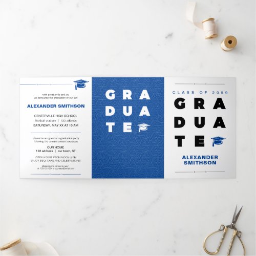 Blue Bold GRADUATE Letters and Cap Graduation Tri_Fold Announcement