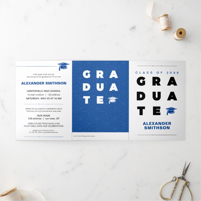 Blue Bold GRADUATE Letters and Cap Graduation Tri-Fold Announcement (Outside)