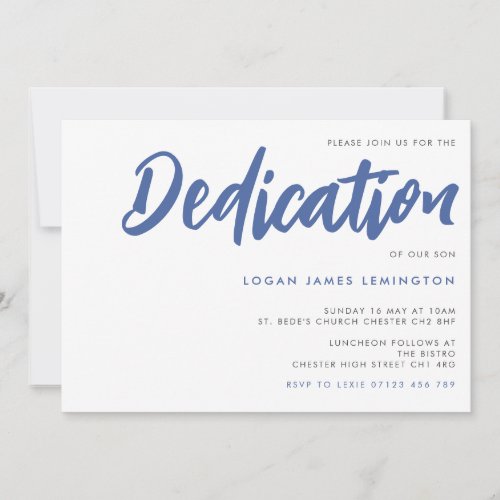 Blue Bold Minimalist Handwriting Baby Dedication Invitation