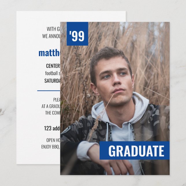 Blue Bold & Modern Photo Graduation Invitation (Front/Back)