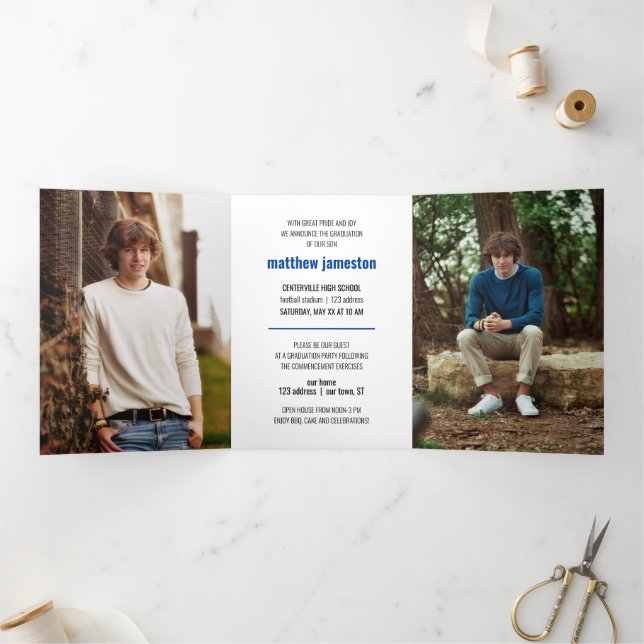 Blue Bold & Modern Photo Graduation Tri-Fold Invitation (Inside)