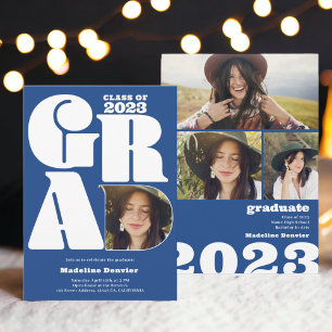 Blue bold oversized Grad 4 photo 2023 graduation Invitation