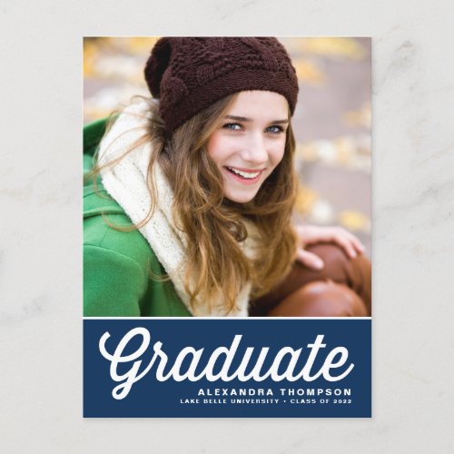 Blue Bold Retro Script 2022 Photo Graduation Postcard - Invite family and friends with this customizable class of 2022 graduation invitation postcard. It features a white retro script typography on a blue background. Personalize this blue graduation party postcard by adding your photo, name and school name. This photo graduation invitation postcard is perfect for high school or college graduations. 