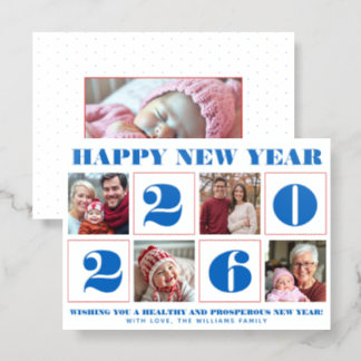 Blue bold typography New Year 2026 photo collage Letterpress Photo Cards