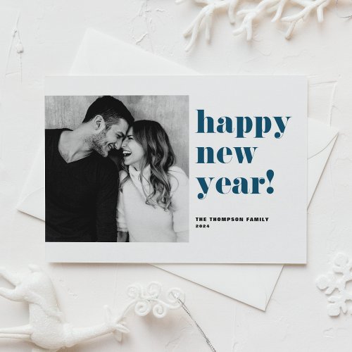 Blue Bold Typography Photo Happy New Year 2024 Holiday Card