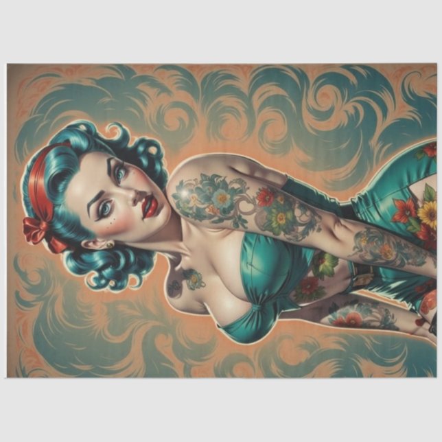 Blue Bombshell – Retro Pin-Up Girl Decoupage  Tissue Paper (Front)