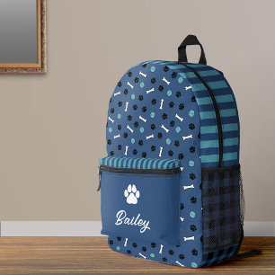 Blue Bones & Balls Paw Print Dog Name Printed Backpack