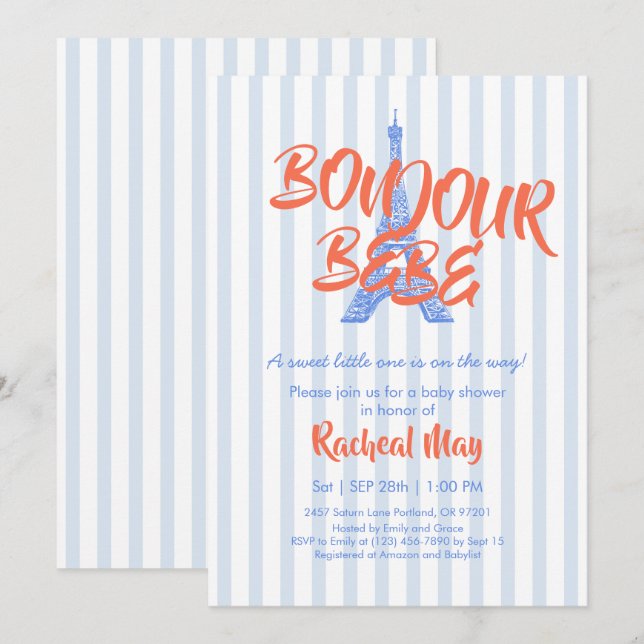 Blue Bonjour Bébé Baby Shower Invitation (Front/Back)