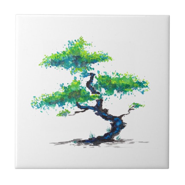 Blue Bonsai Watercolor Ceramic Tile (Front)