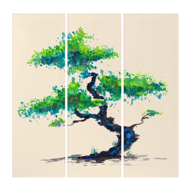 Blue Bonsai Watercolor Triptych (Front)
