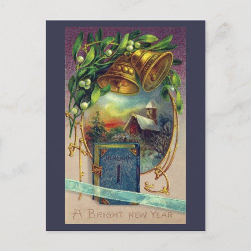 Blue Book and Brass Bells Vintage New Year Holiday Postcard