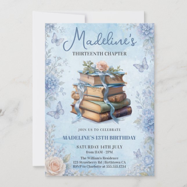 Blue Book Girl Birthday Invitation (Front)