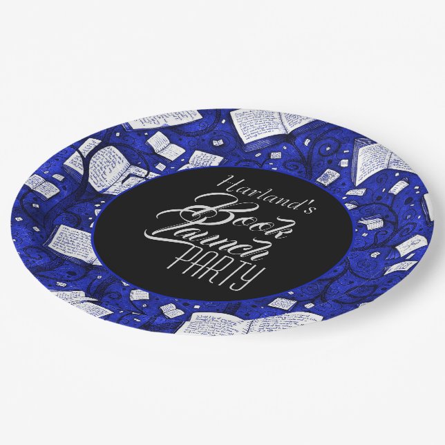 Blue Book Launch Party Paper Plates (Angled)