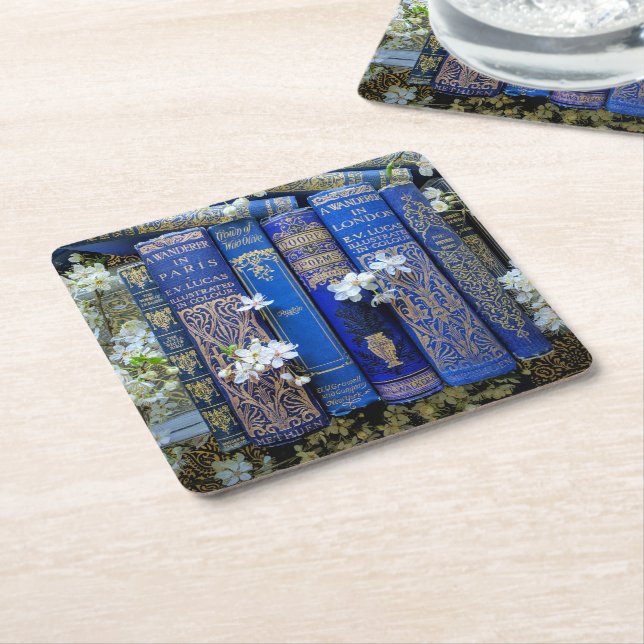 Blue Books and Blossoms Square Paper Coaster (Angled)