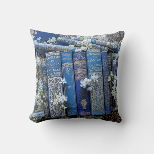 Blue Books and Blossoms Throw Pillow