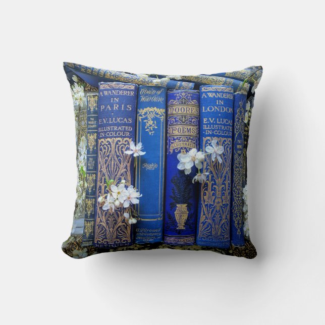 Blue Books and Blossoms Throw Pillow (Front)