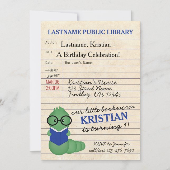 Blue Bookworm Birthday Party Invitation (Front)