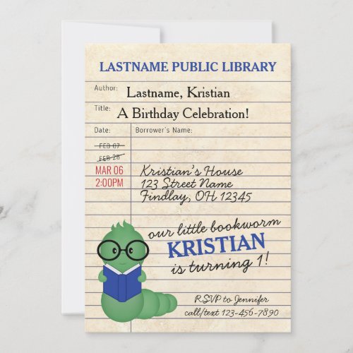 Blue Bookworm Birthday Party Invitation