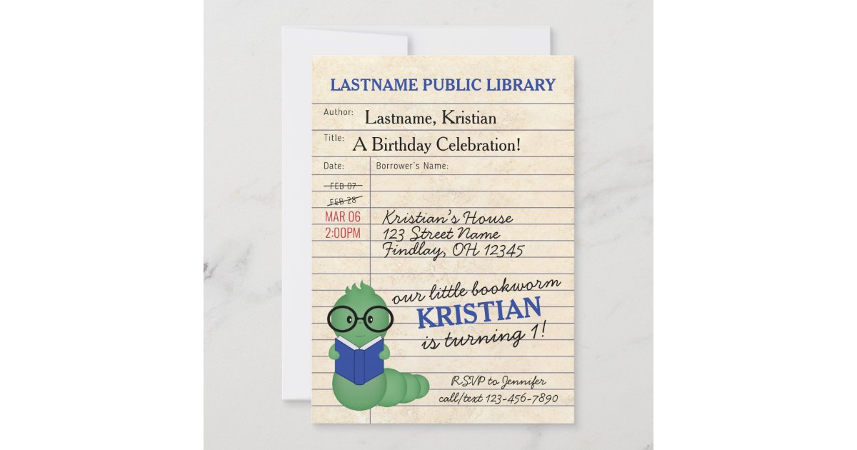 Blue Bookworm Birthday Party Invitation | Zazzle