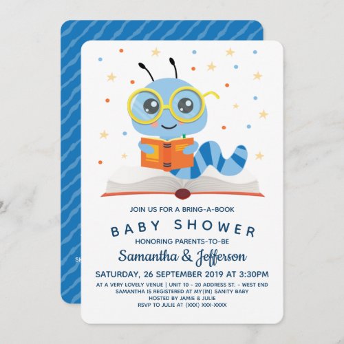 Blue Bookworm Book Baby Shower Invitation