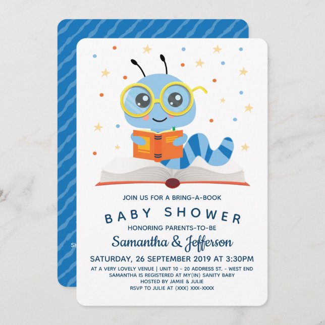 Blue Bookworm Book Baby Shower Invitation (Front/Back)