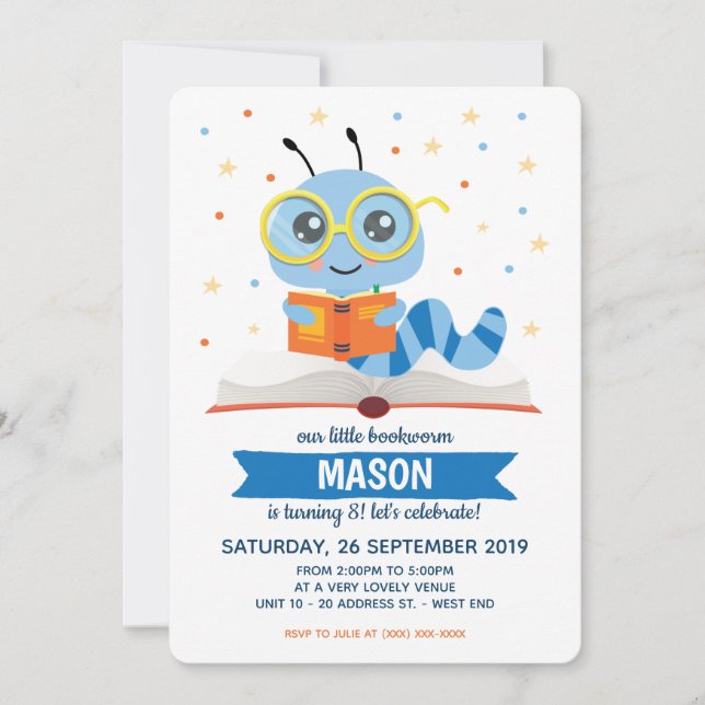 Blue Bookworm Book Birthday Party Invitation (Front)