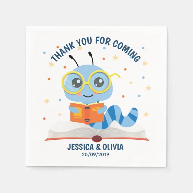 Blue Bookworm Theme Napkins (Front)