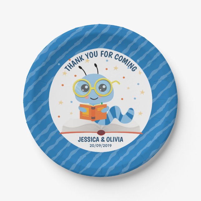 Blue Bookworm Theme  Paper Plates (Front)