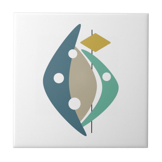 Blue Boomerang Shapes Mid Century Modern Ceramic Tile (Front)
