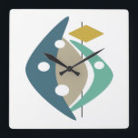 Blue Boomerangs Mid-century Modernism Square Wall Clock<br><div class="desc">This funky mid century modern wall clock features boomerangs,  circles,  and diamond shapes in a combination of the colors turquoise,  blue,  tan,  gold,  and black. This will make a fabulous statement on your wall.</div>