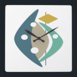 Blue Boomerangs Mid-century Modernism Square Wall Clock<br><div class="desc">This funky mid century modern wall clock features boomerangs,  circles,  and diamond shapes in a combination of the colors turquoise,  blue,  tan,  gold,  and black. This will make a fabulous statement on your wall.</div>