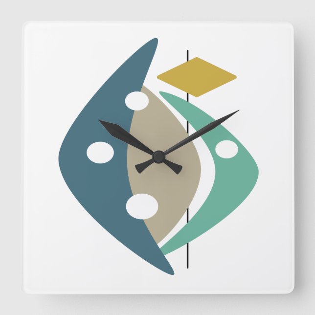 Blue Boomerangs Mid-century Modernism Square Wall Clock (Front)