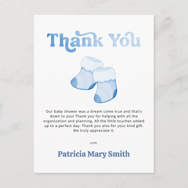 Blue Booties Boy Baby Shower Thank You Postcard (Front)