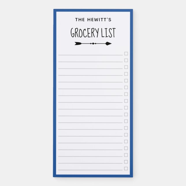Blue Border & Arrows Checkbox Grocery List Magnetic Notepad (Front)