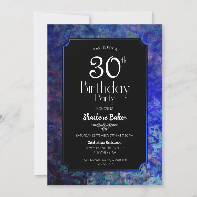 Blue Border Black 30th Birthday Party Invitation (Front)