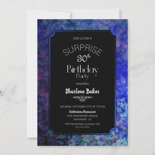 Blue Border Black Surprise 30th Birthday Party Invitation (Front)