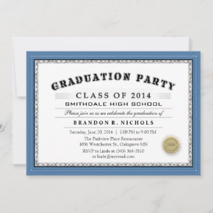 Blue Border Diploma Style Grad Party Invitation