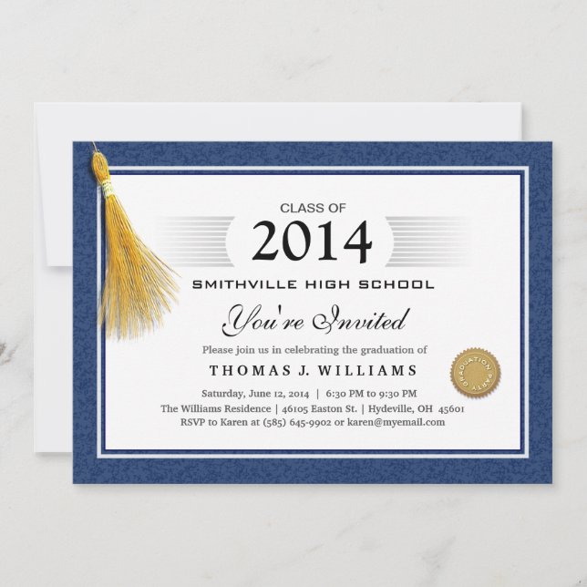 Blue Border Diploma with Tassel Graduation Invite (Front)
